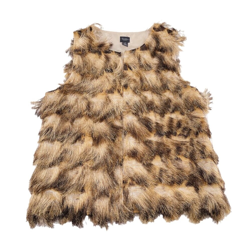 Chicos Travelers Collection Faux Fur Vest Size 2 Beige & Brown sz‎ Large